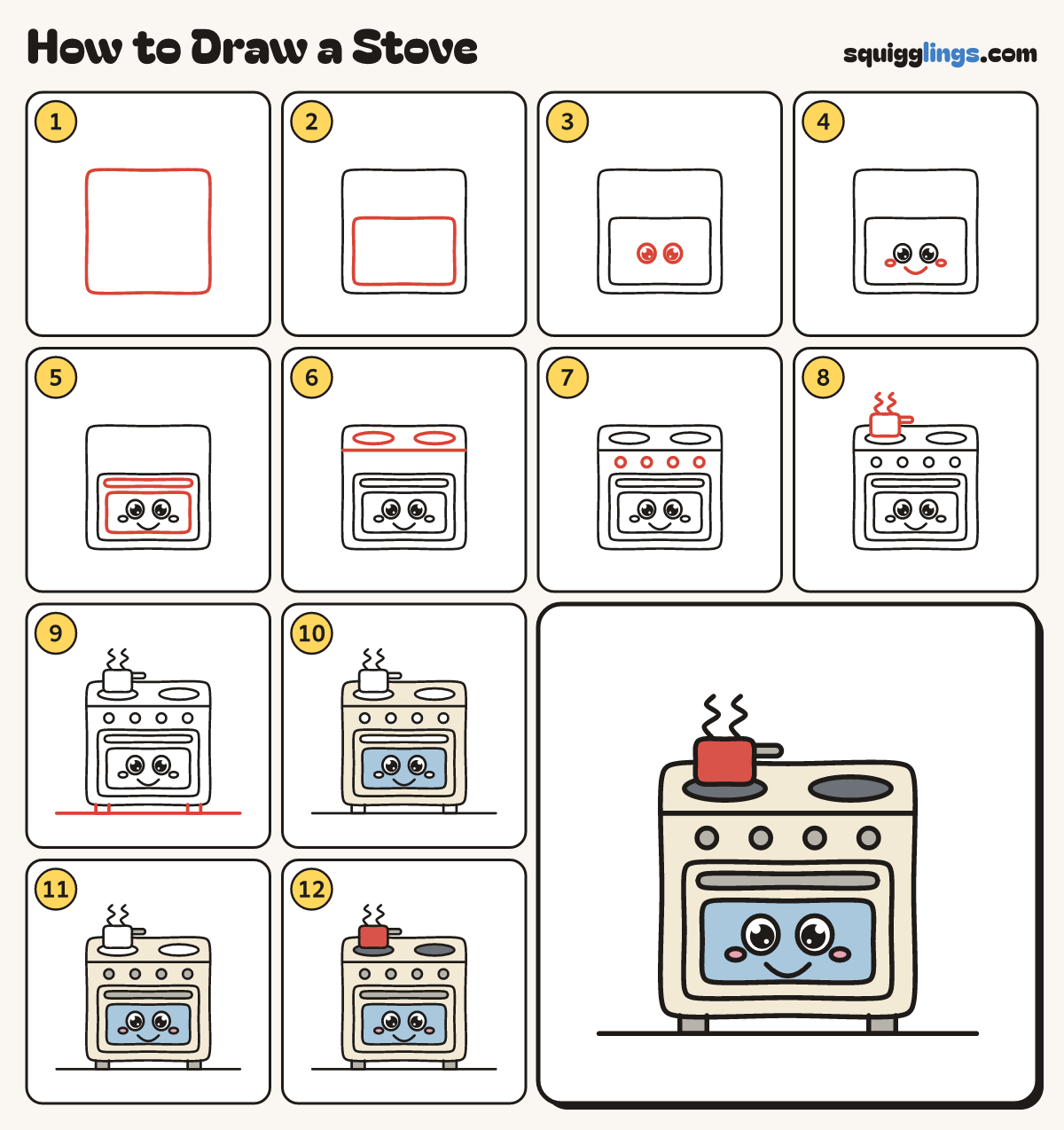 How to Draw a Stove step by step: all 12 steps in one picture