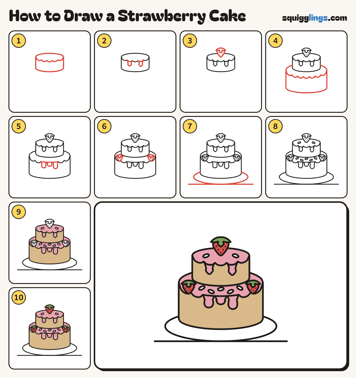 How to Draw a Strawberry Cake step by step: all 10 steps in one picture