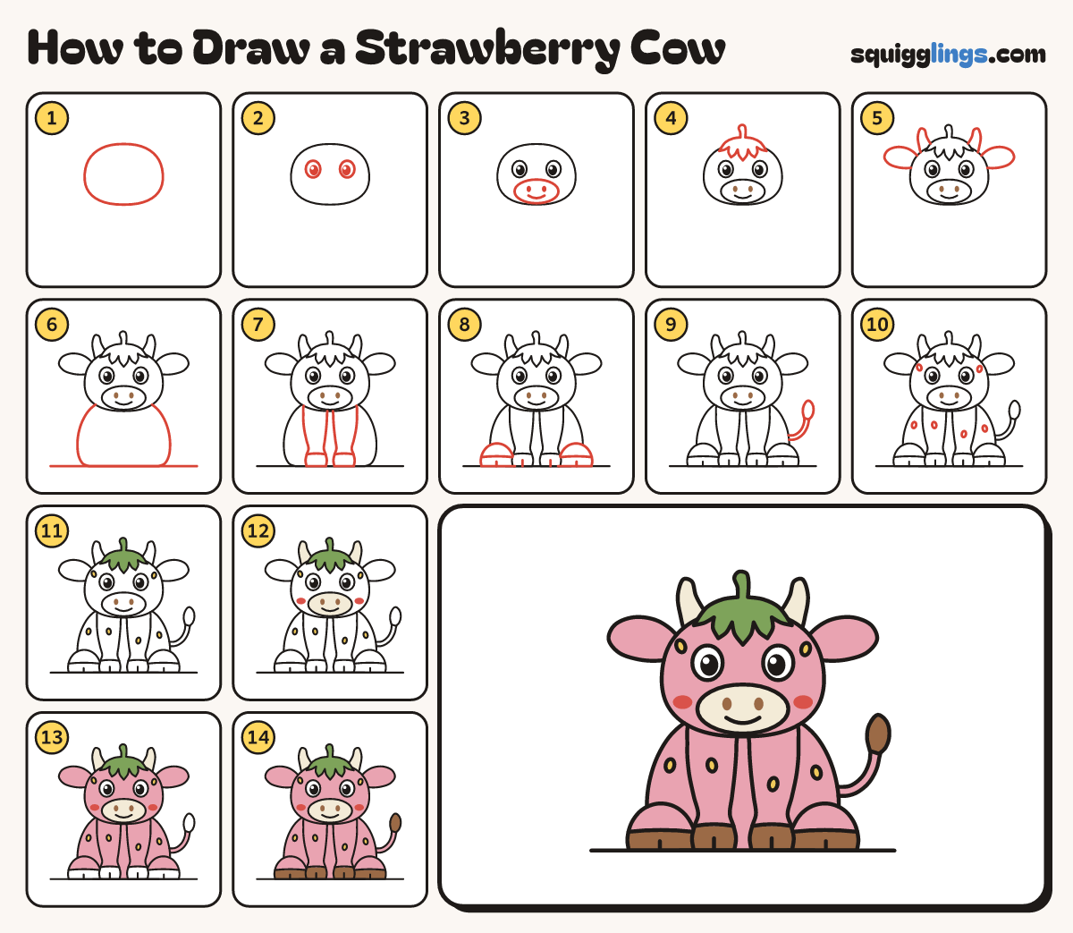 How to Draw a Strawberry Cow step by step: all 14 steps in one picture