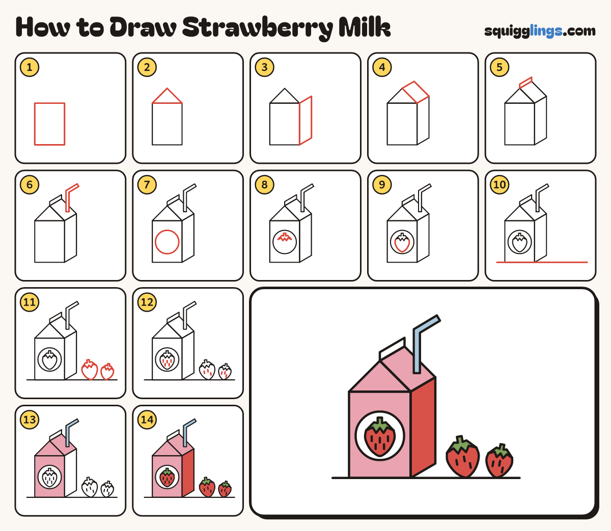 How to Draw Strawberry Milk step by step: all 14 steps in one picture