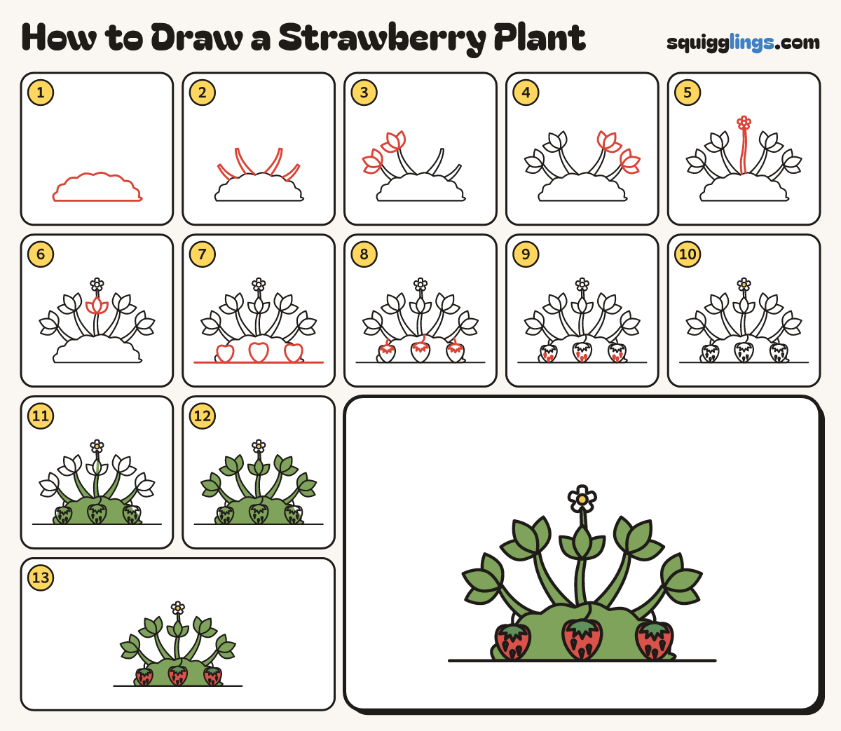 How to Draw a Strawberry Plant step by step: all 13 steps in one picture