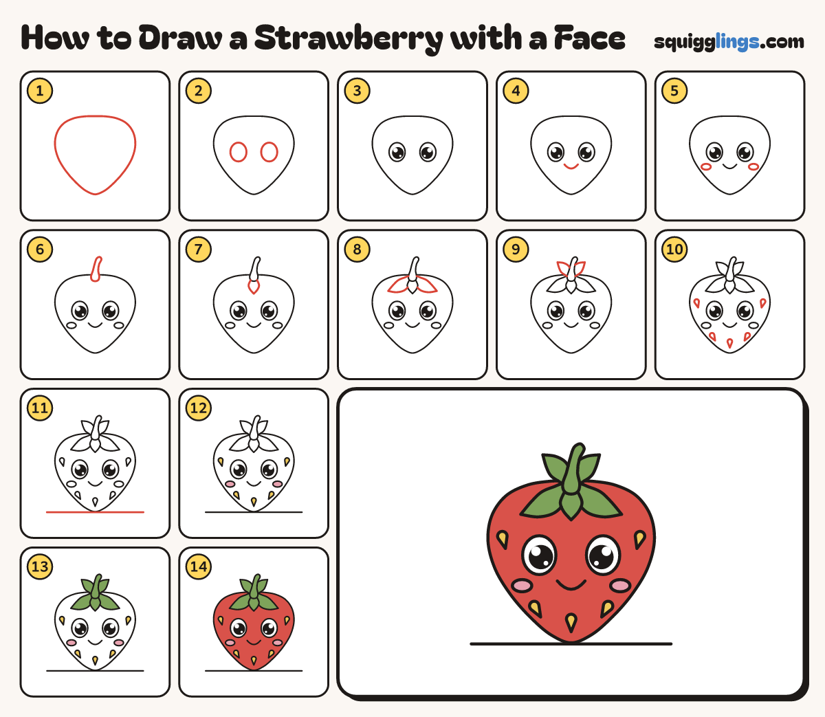 How to Draw a Strawberry with a Face step by step: all 14 steps in one picture