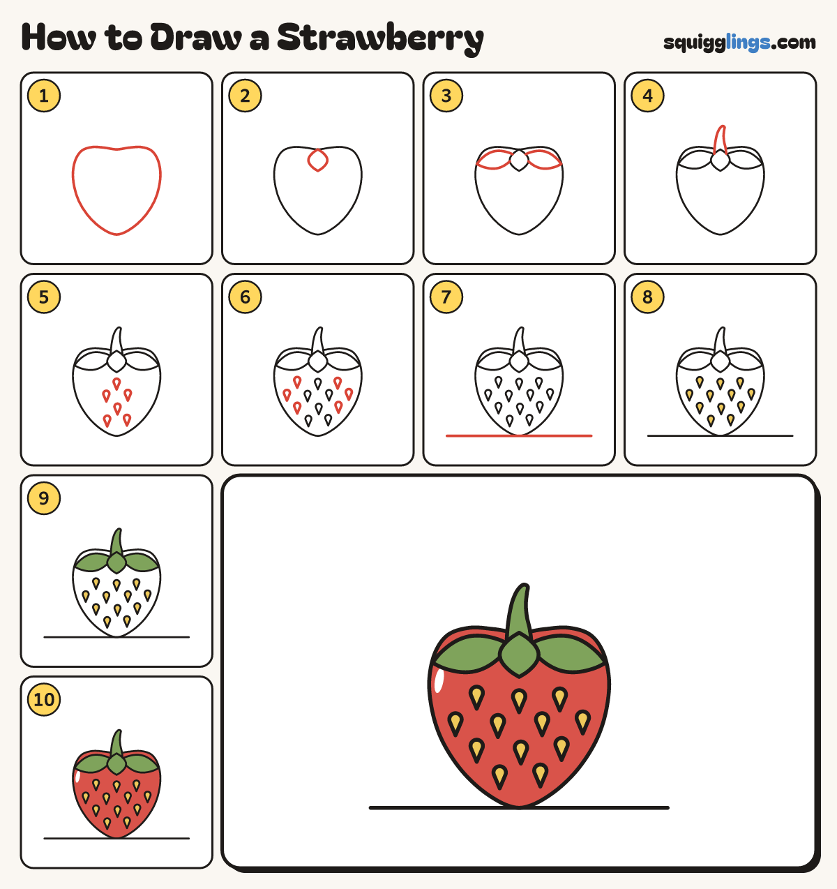 How to Draw a Strawberry step by step: all 10 steps in one picture