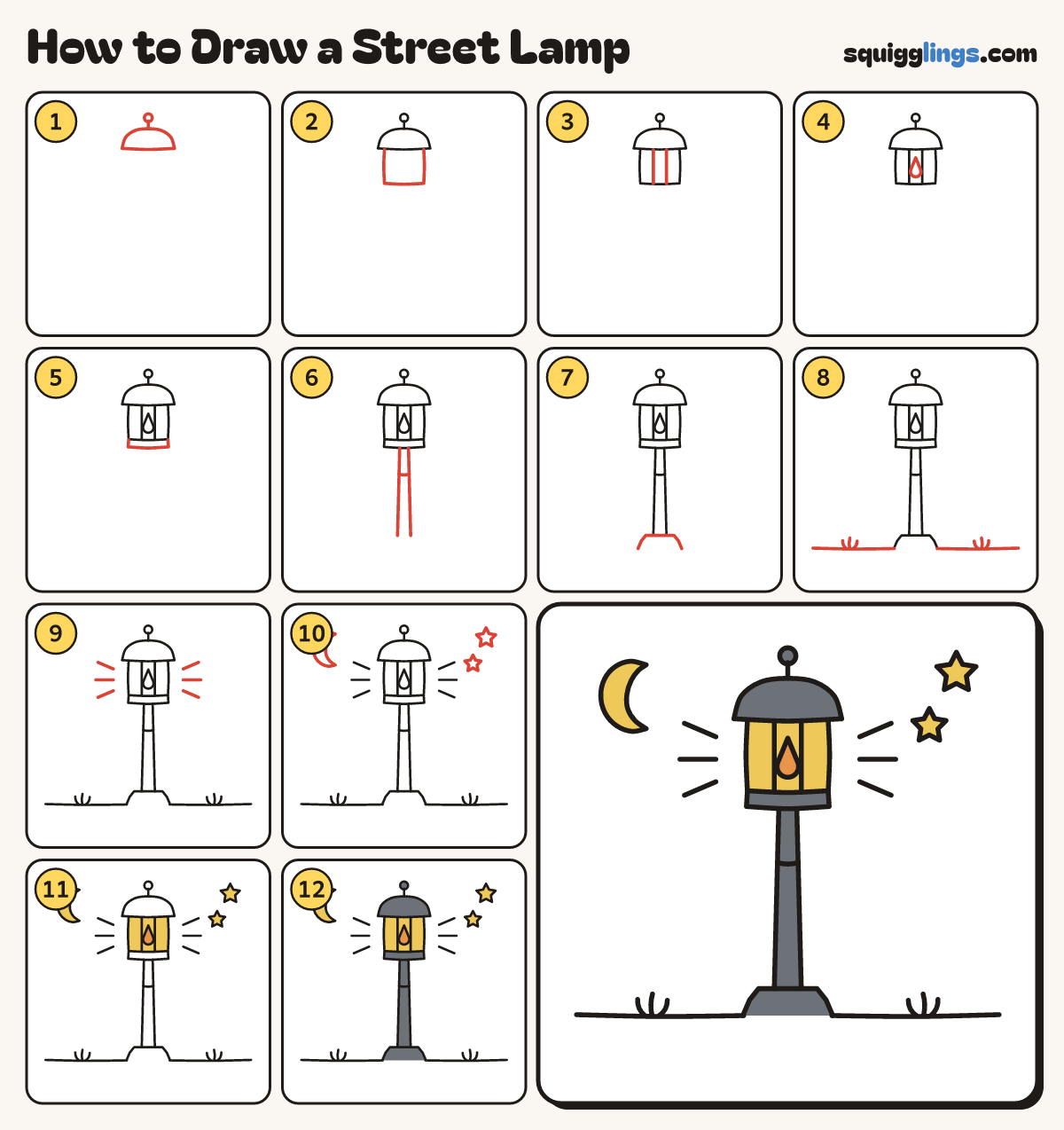 How to Draw a Street Lamp step by step: all 12 steps in one picture