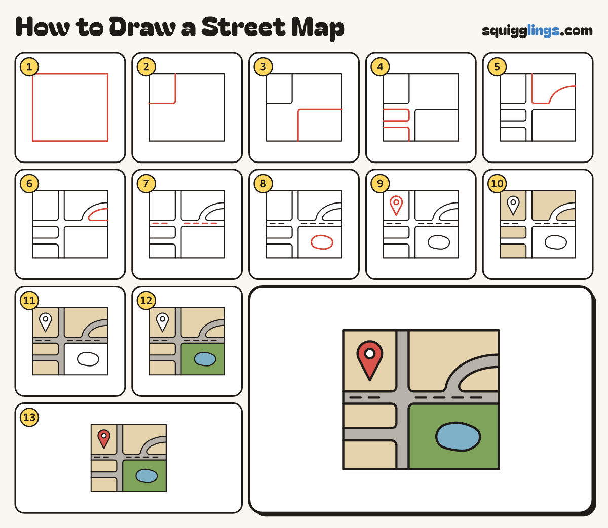 How to Draw a Street Map step by step: all 13 steps in one picture