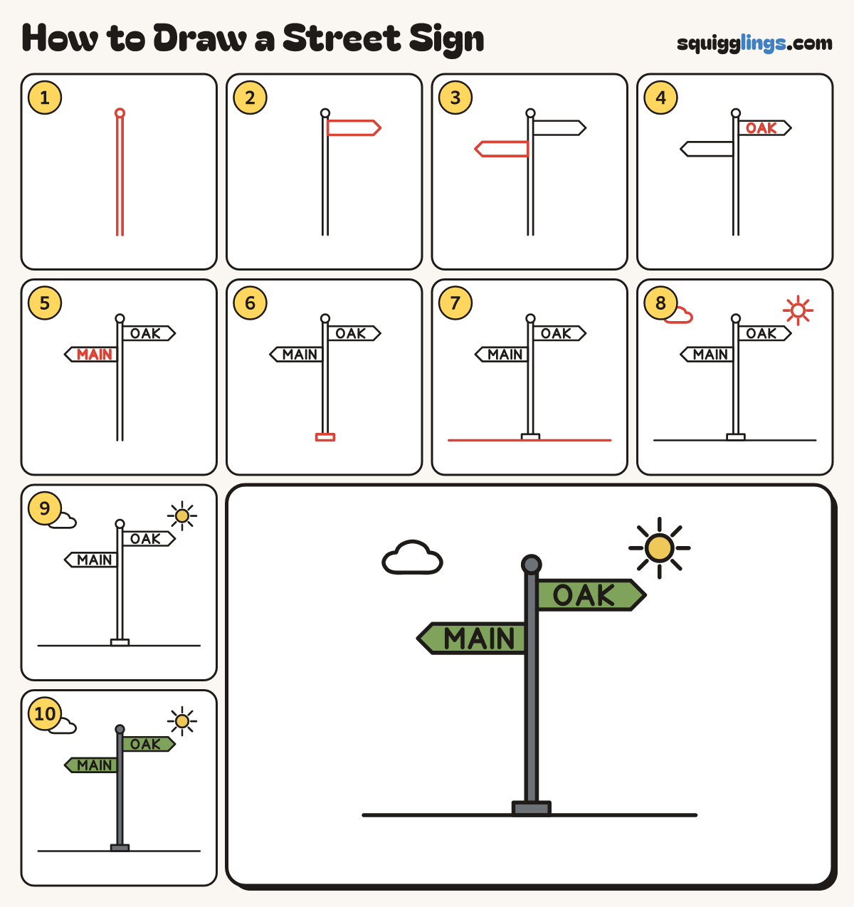 How to Draw a Street Sign step by step: all 10 steps in one picture