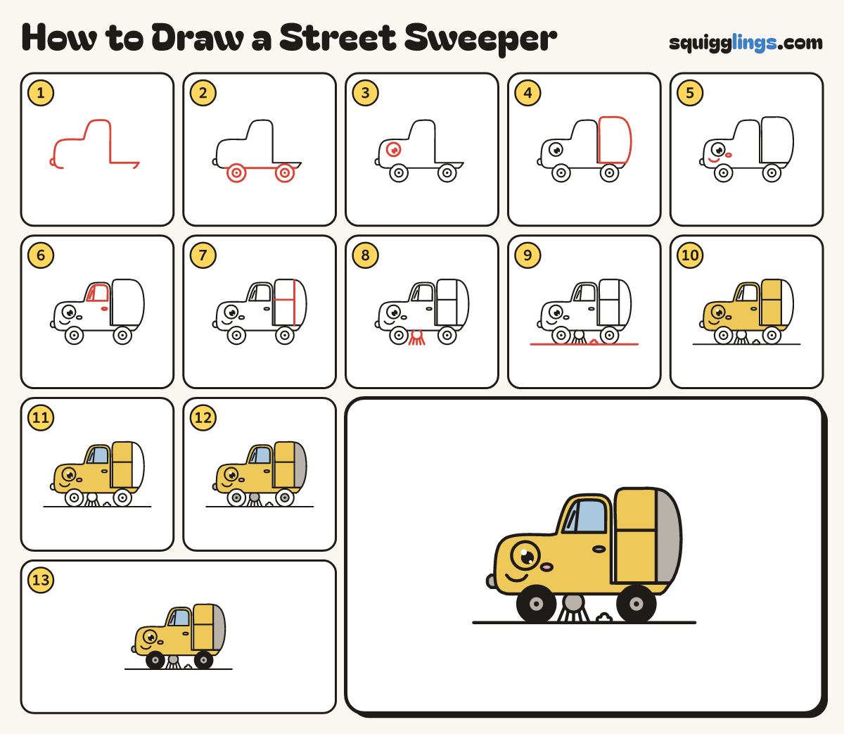 How to Draw a Street Sweeper step by step: all 13 steps in one picture