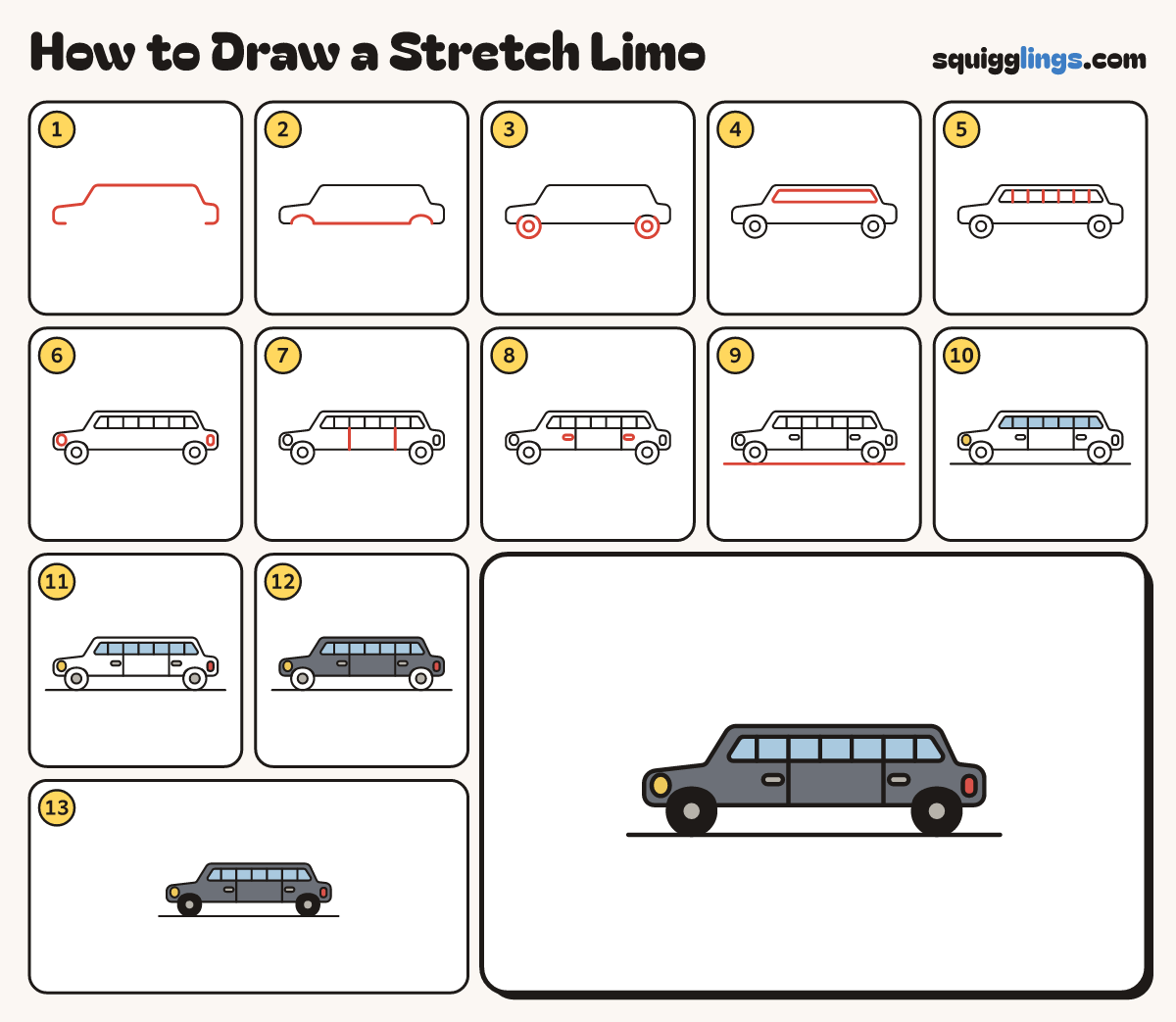 How to Draw a Stretch Limo step by step: all 13 steps in one picture