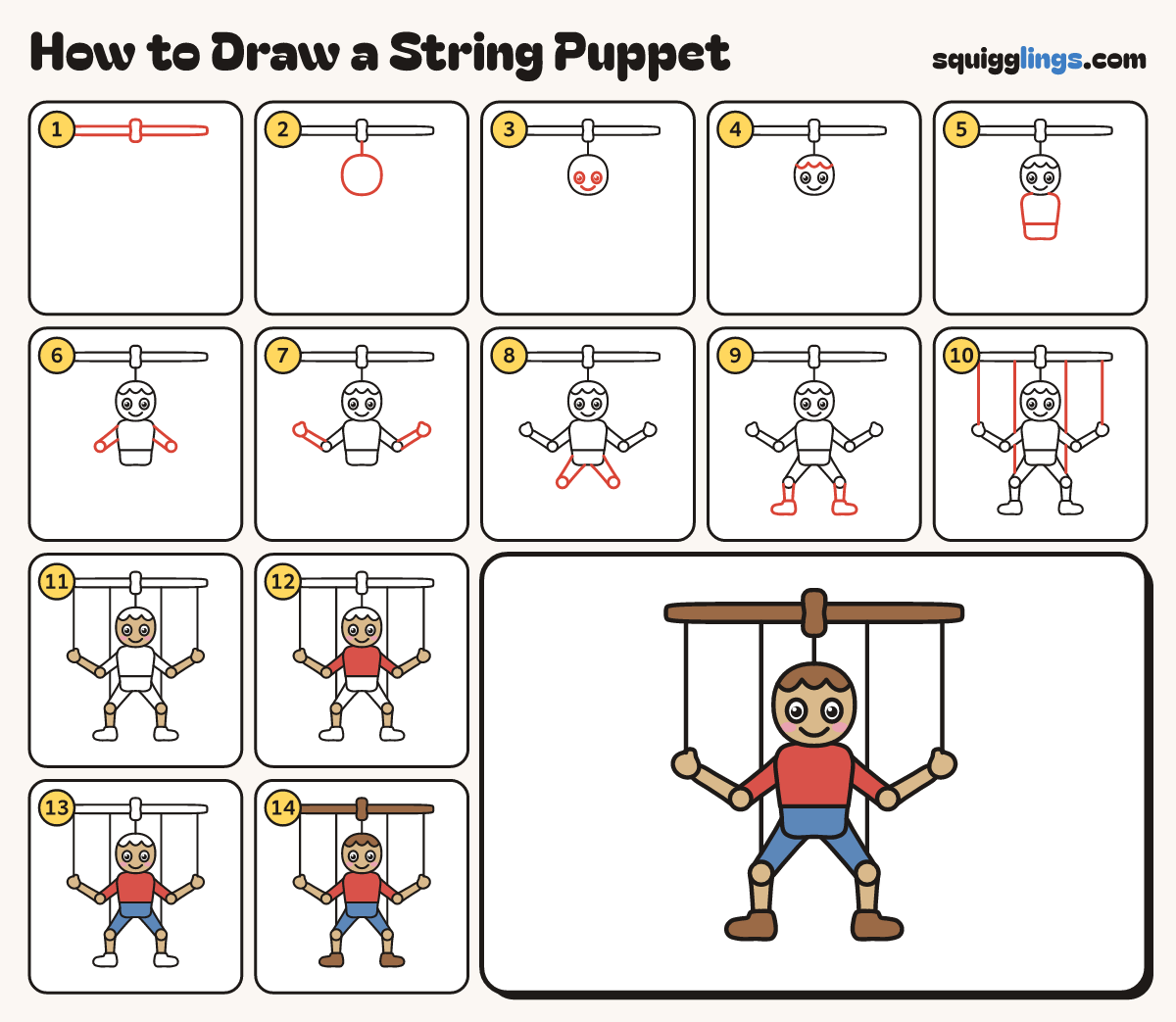 How to Draw a String Puppet step by step: all 14 steps in one picture