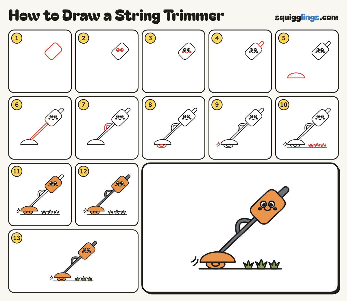 How to Draw a String Trimmer step by step: all 13 steps in one picture