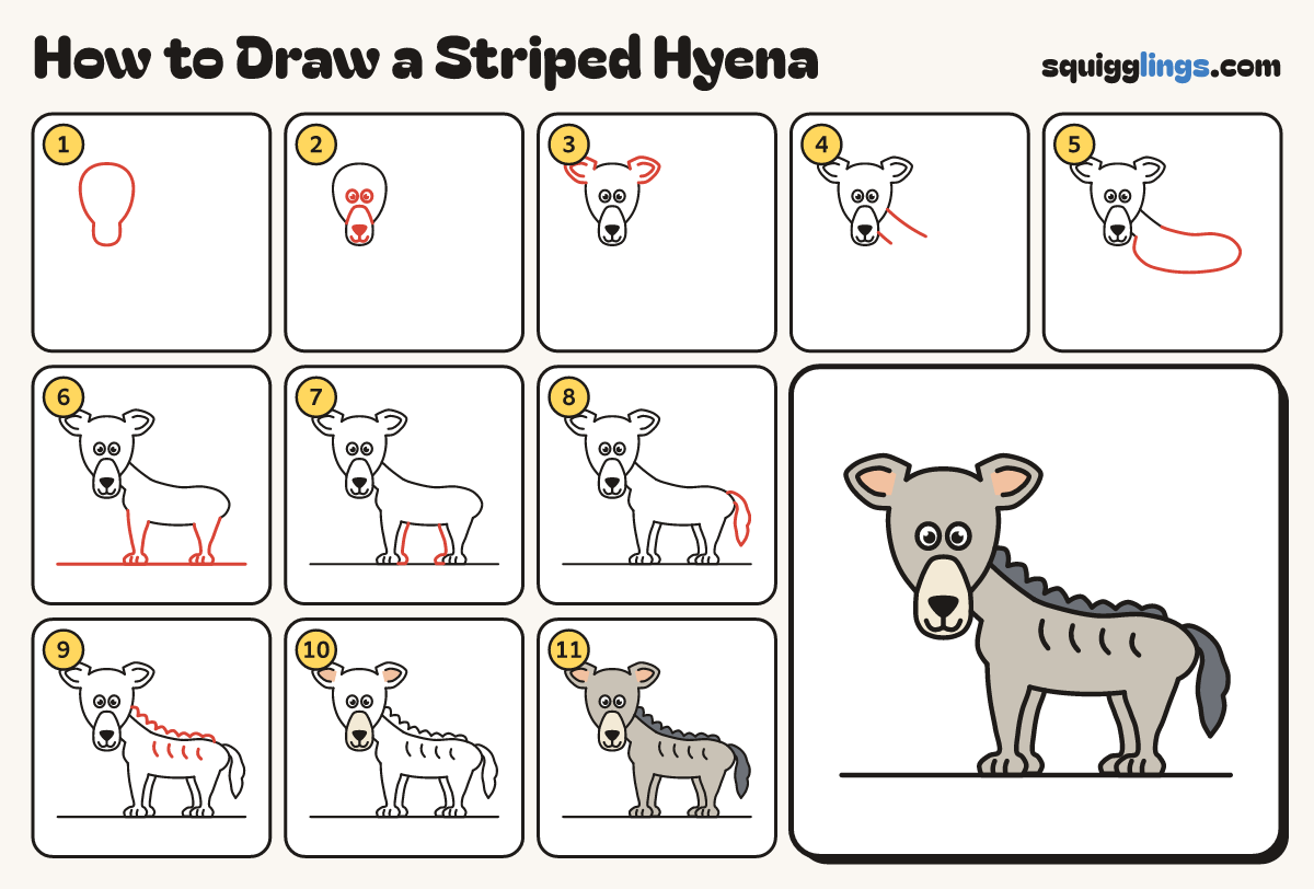 How to Draw a Striped Hyena step by step: all 11 steps in one picture