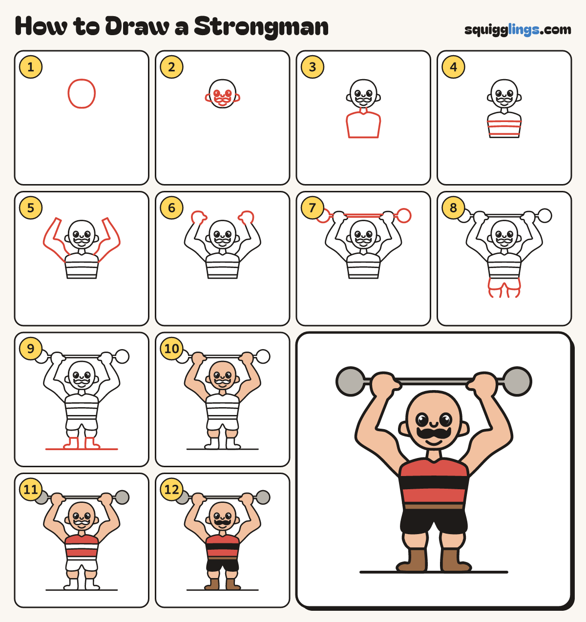 How to Draw a Strongman step by step: all 12 steps in one picture