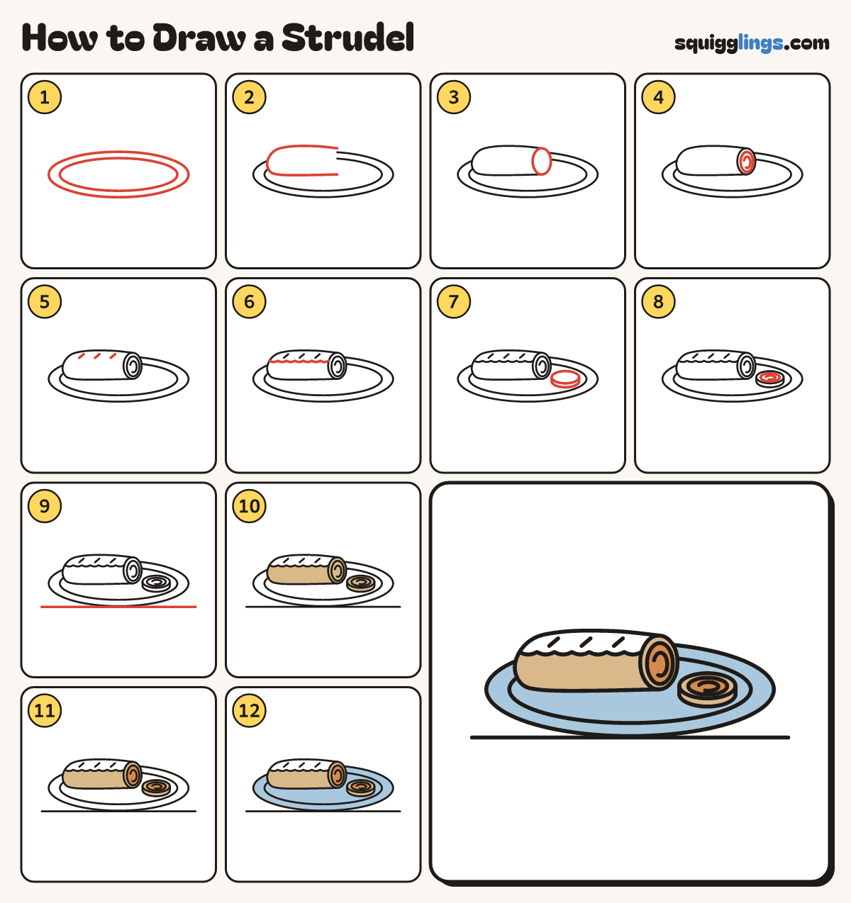 How to Draw a Strudel step by step: all 12 steps in one picture