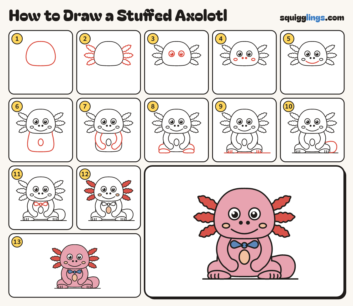 How to Draw a Stuffed Axolotl step by step: all 13 steps in one picture