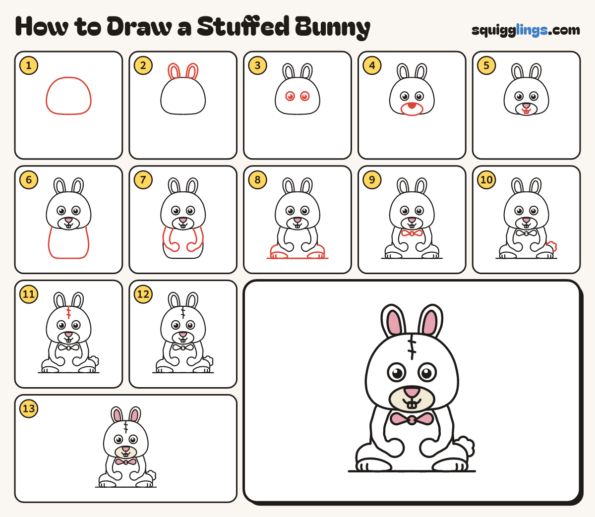 How to Draw a Stuffed Bunny step by step: all 13 steps in one picture