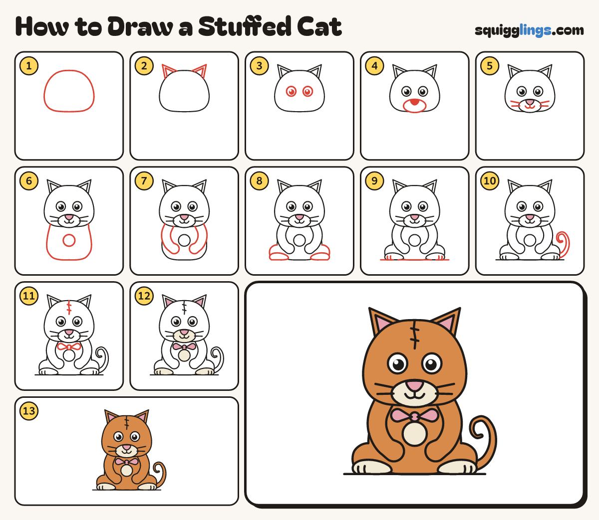 How to Draw a Stuffed Cat step by step: all 13 steps in one picture