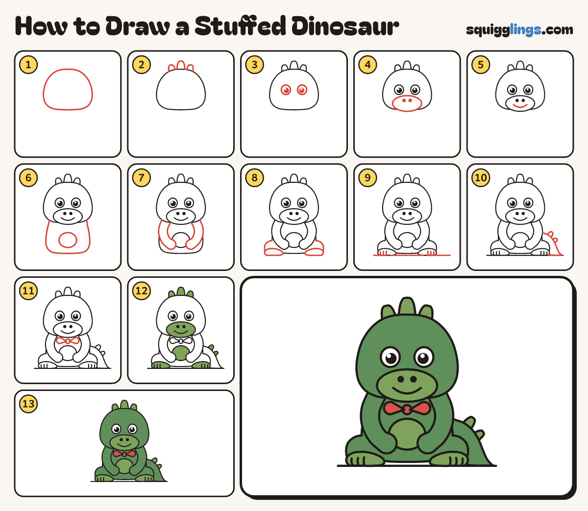 How to Draw a Stuffed Dinosaur step by step: all 13 steps in one picture