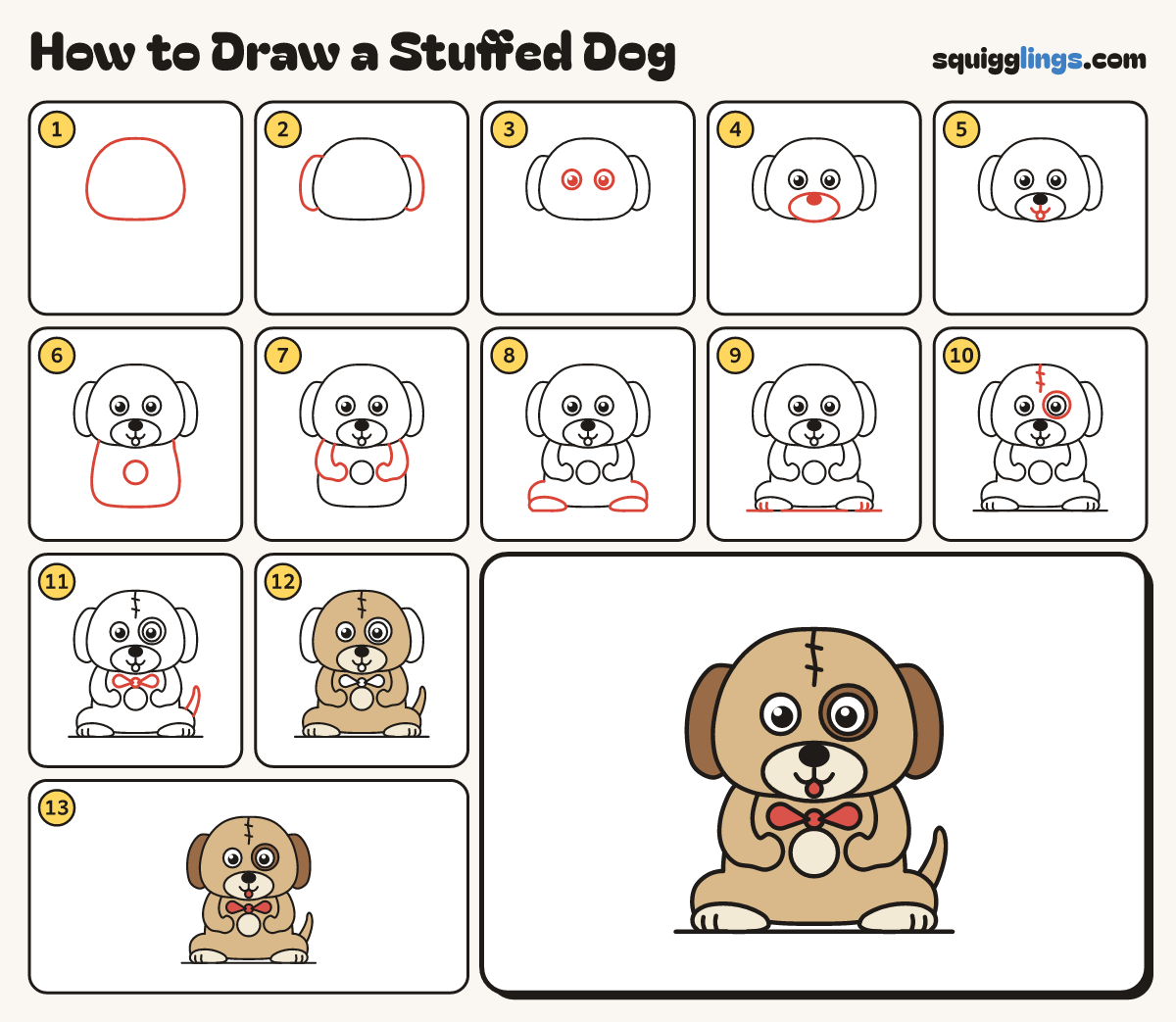 How to Draw a Stuffed Dog step by step: all 13 steps in one picture