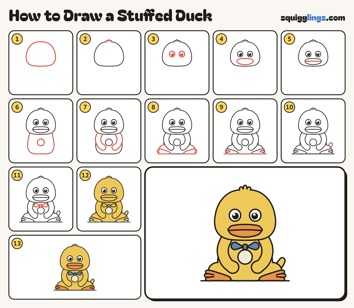 How to Draw a Stuffed Duck step by step: all 13 steps in one picture