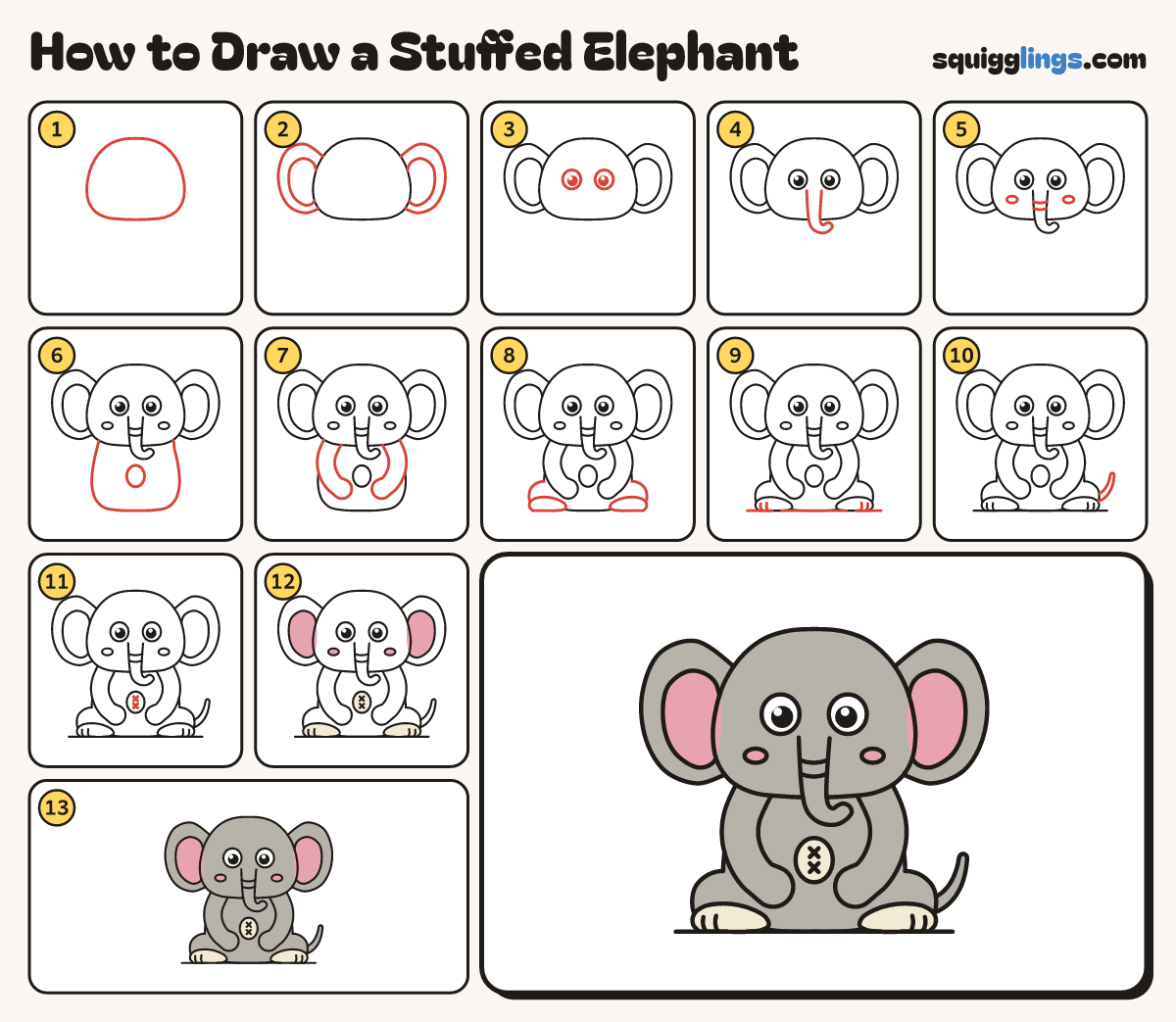 How to Draw a Stuffed Elephant step by step: all 13 steps in one picture