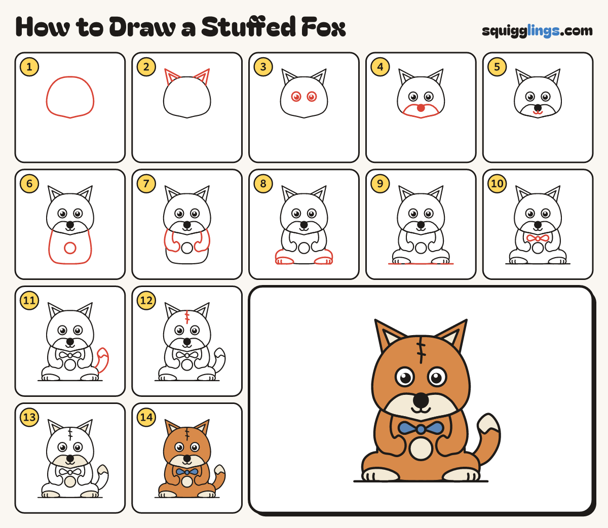 How to Draw a Stuffed Fox step by step: all 14 steps in one picture