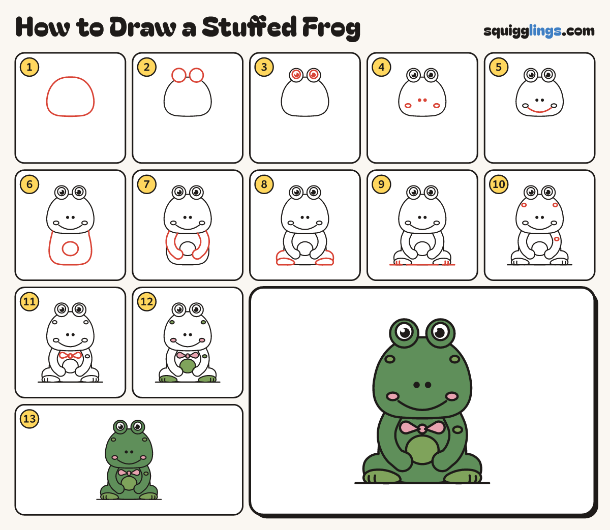 How to Draw a Stuffed Frog step by step: all 13 steps in one picture