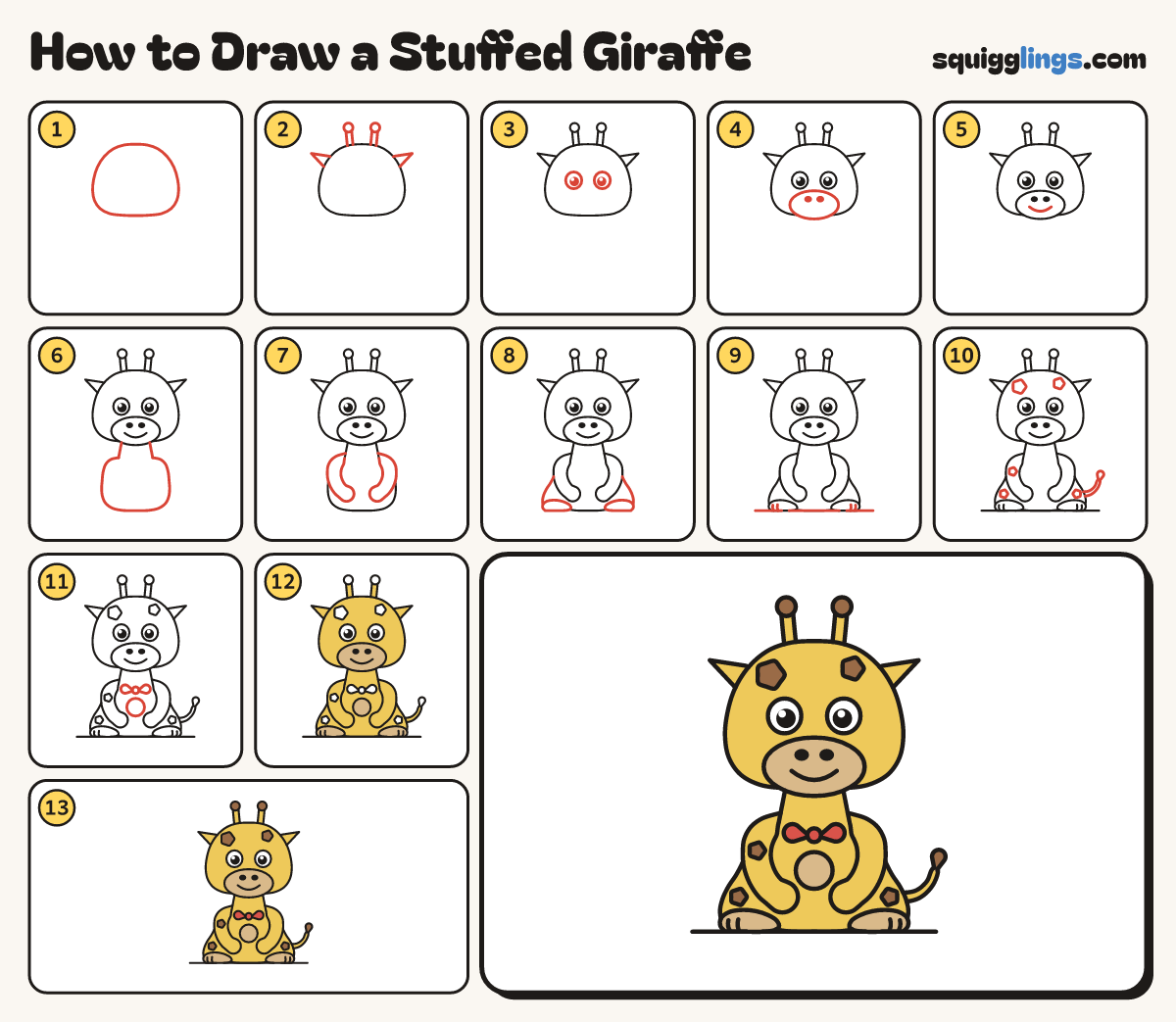 How to Draw a Stuffed Giraffe step by step: all 13 steps in one picture