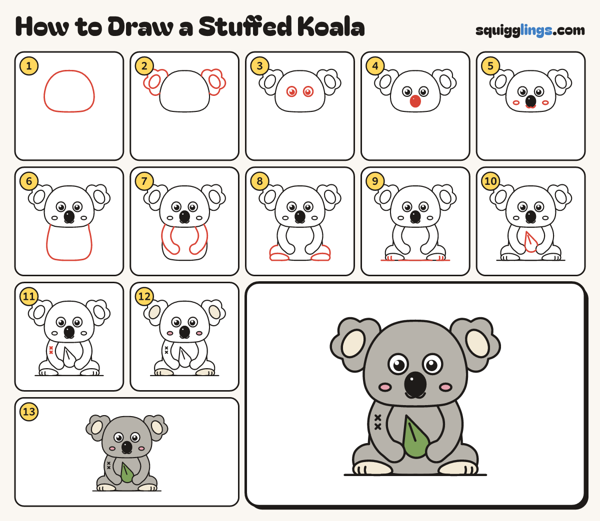 How to Draw a Stuffed Koala step by step: all 13 steps in one picture