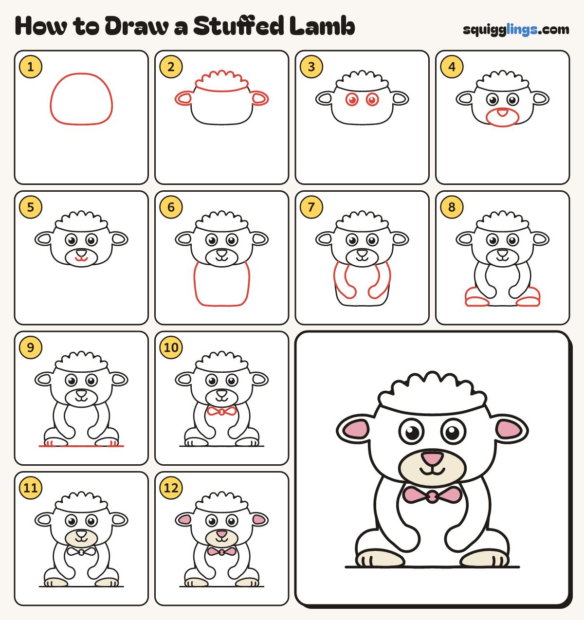 How to Draw a Stuffed Lamb step by step: all 12 steps in one picture