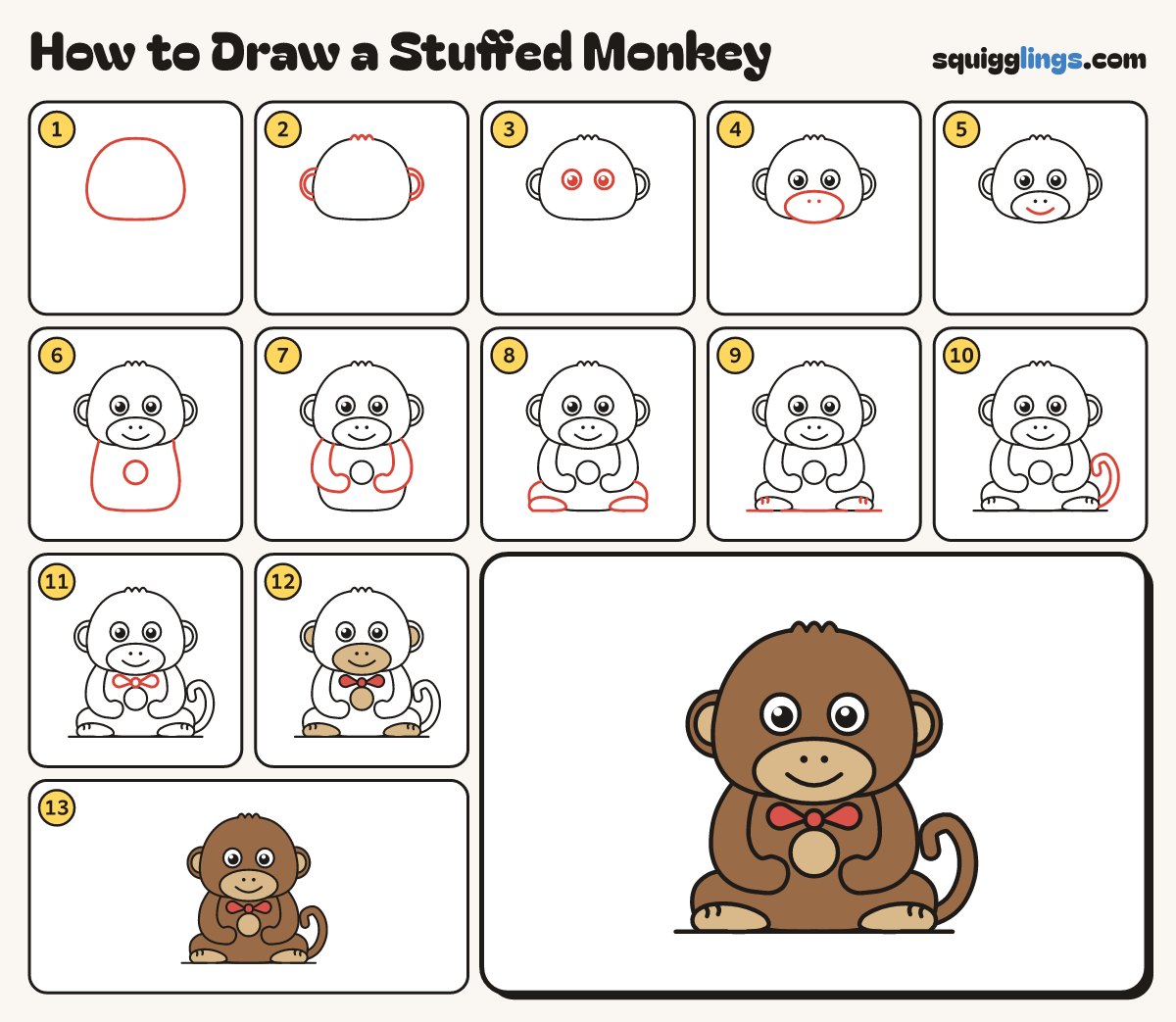 How to Draw a Stuffed Monkey step by step: all 13 steps in one picture