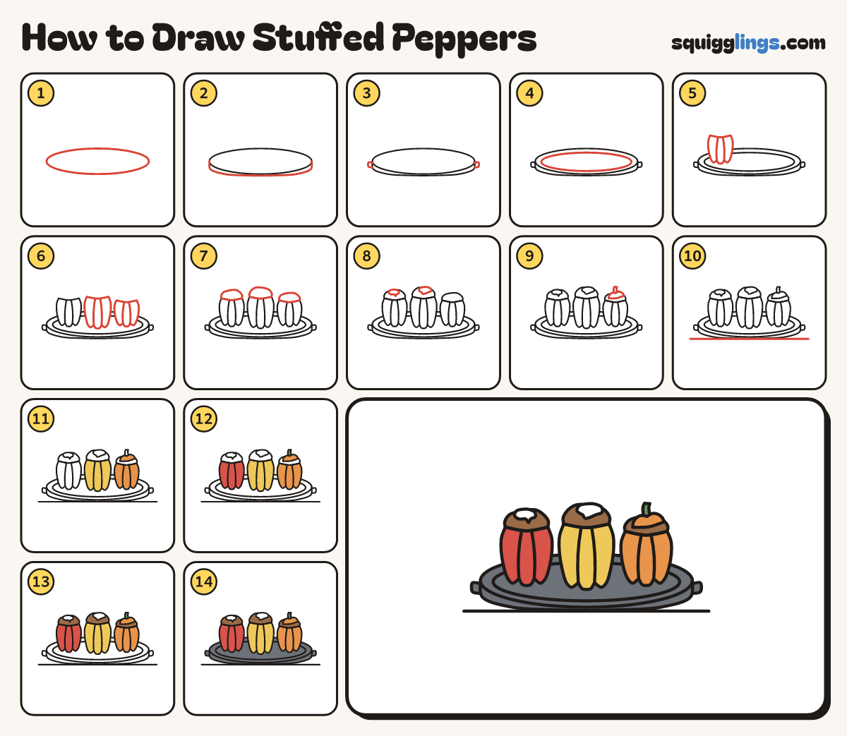How to Draw Stuffed Peppers step by step: all 14 steps in one picture