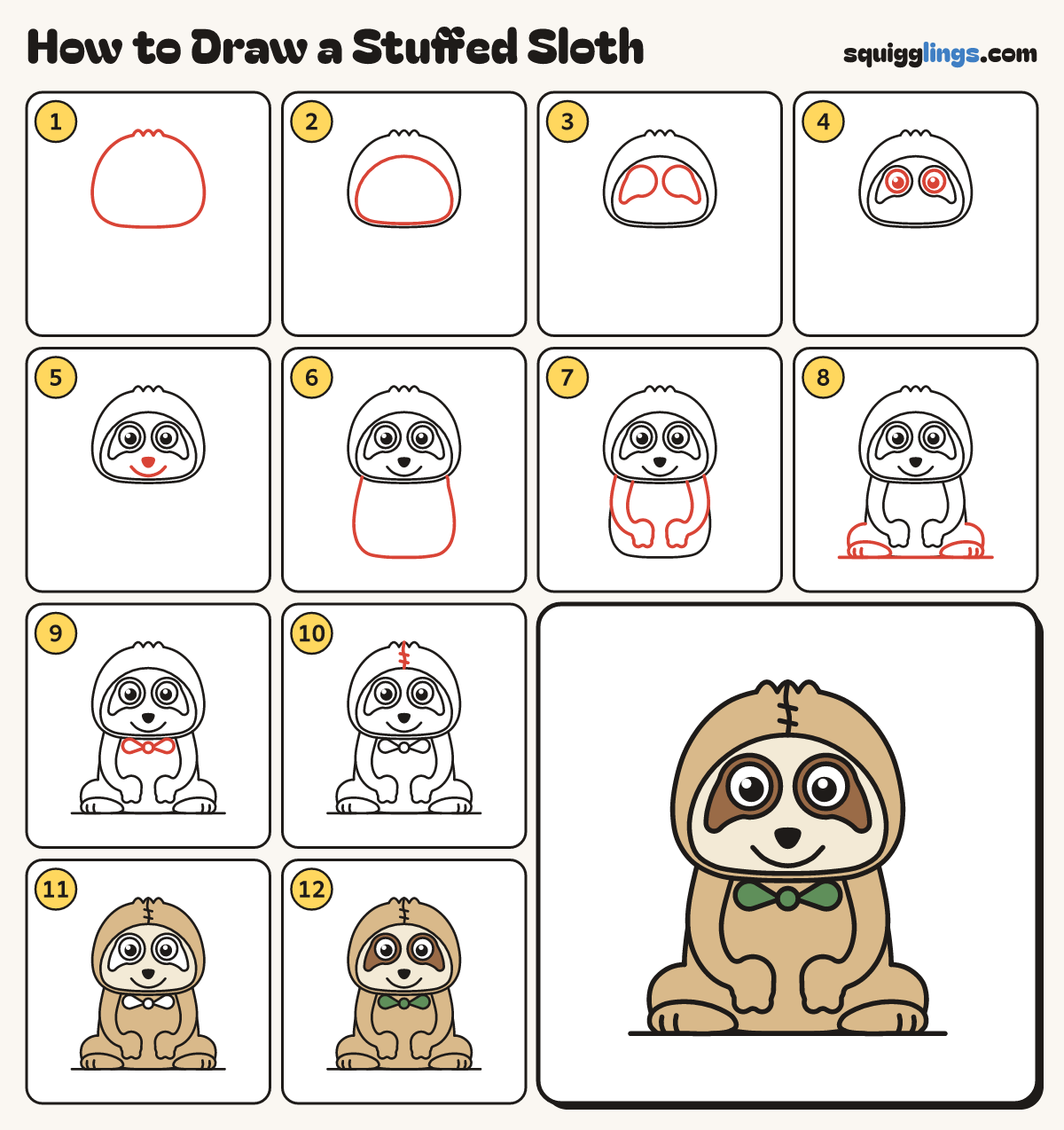 How to Draw a Stuffed Sloth step by step: all 12 steps in one picture