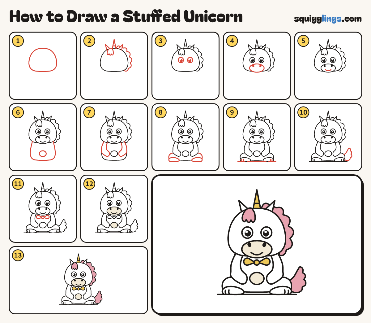 How to Draw a Stuffed Unicorn step by step: all 13 steps in one picture