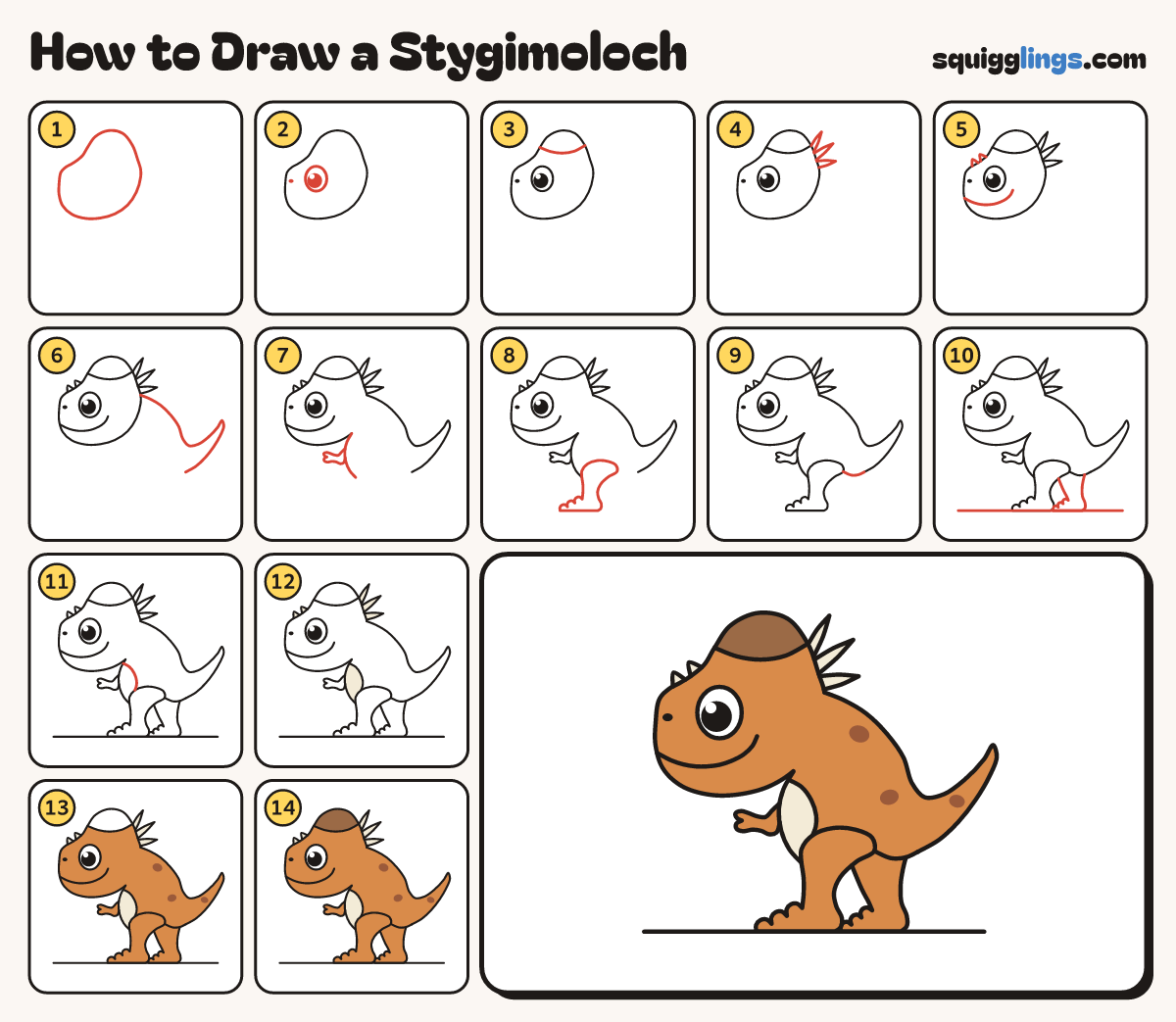 How to Draw a Stygimoloch step by step: all 14 steps in one picture