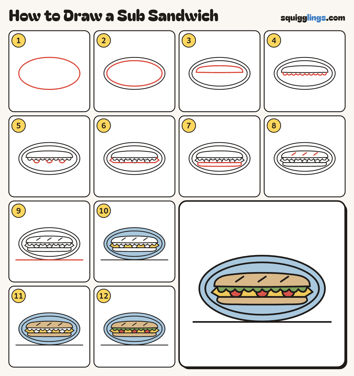 How to Draw a Sub Sandwich step by step: all 12 steps in one picture