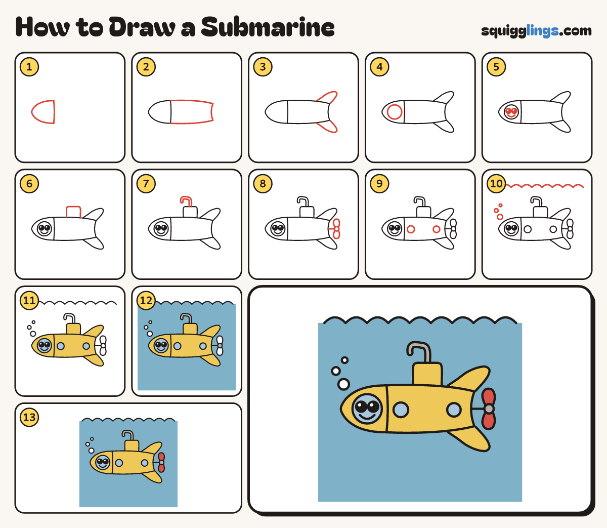 How to Draw a Submarine step by step: all 13 steps in one picture