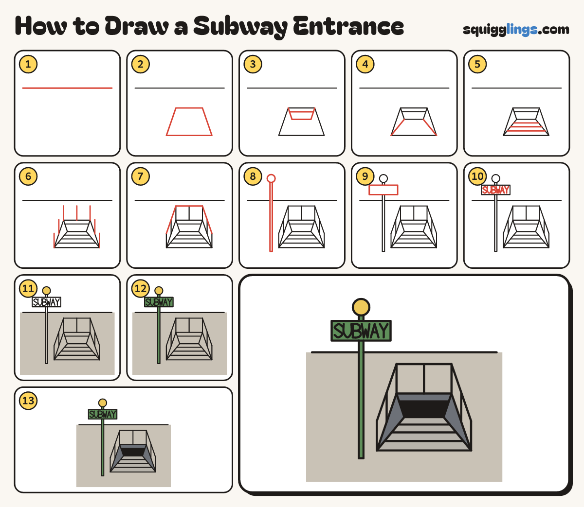 How to Draw a Subway Entrance step by step: all 13 steps in one picture