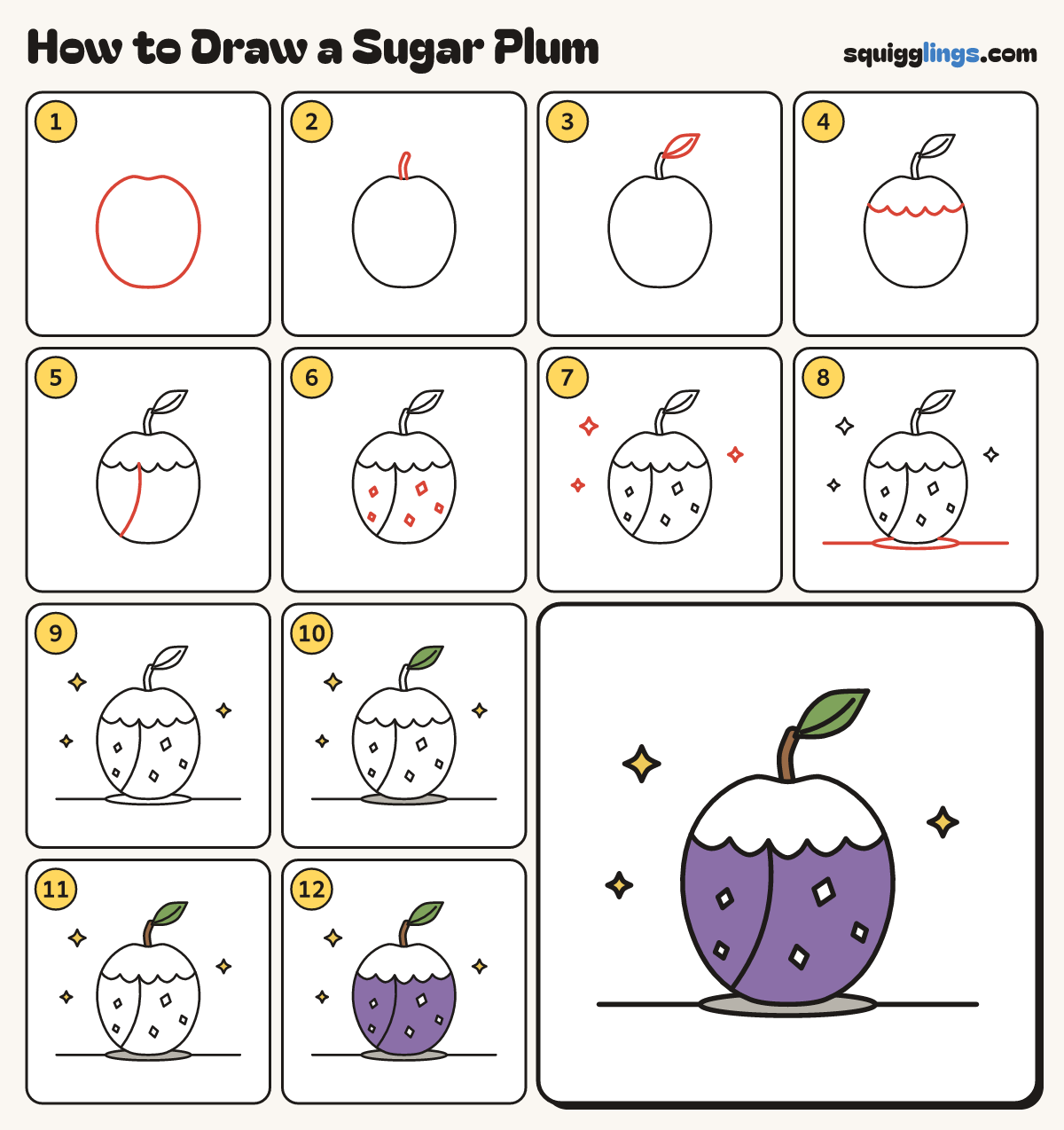 How to Draw a Sugar Plum step by step: all 12 steps in one picture