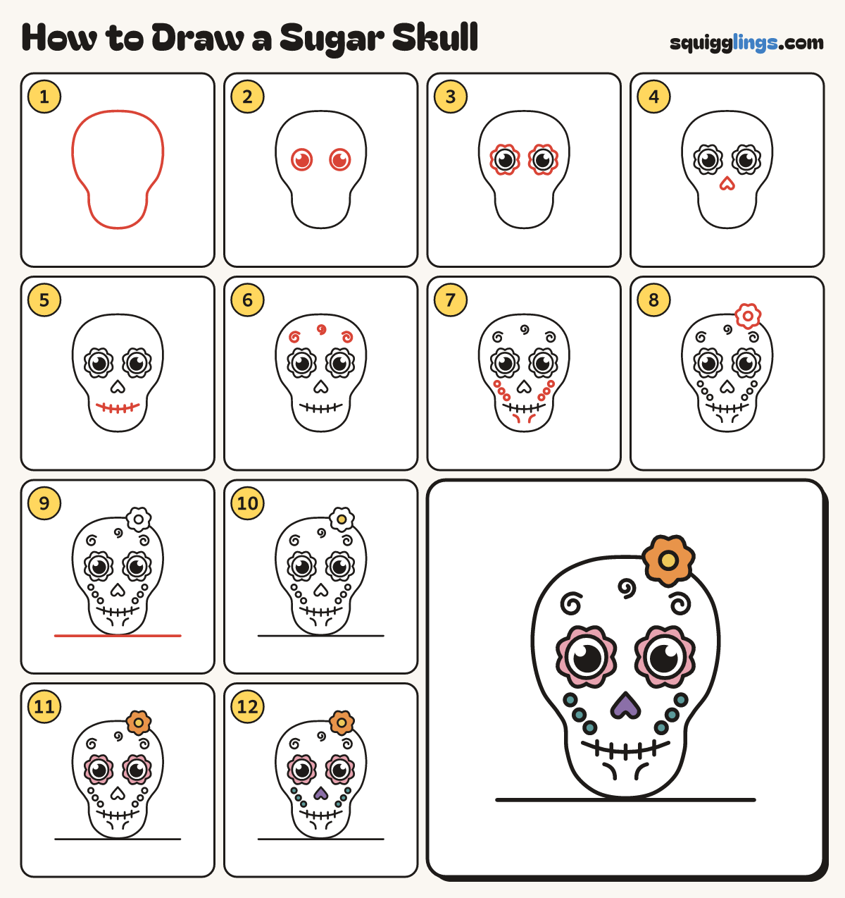 How to Draw a Sugar Skull step by step: all 12 steps in one picture