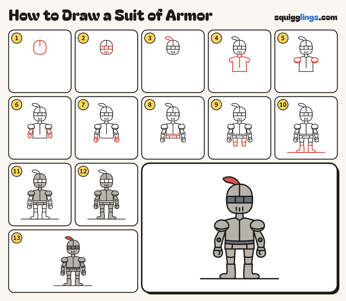 How to Draw a Suit of Armor step by step: all 13 steps in one picture