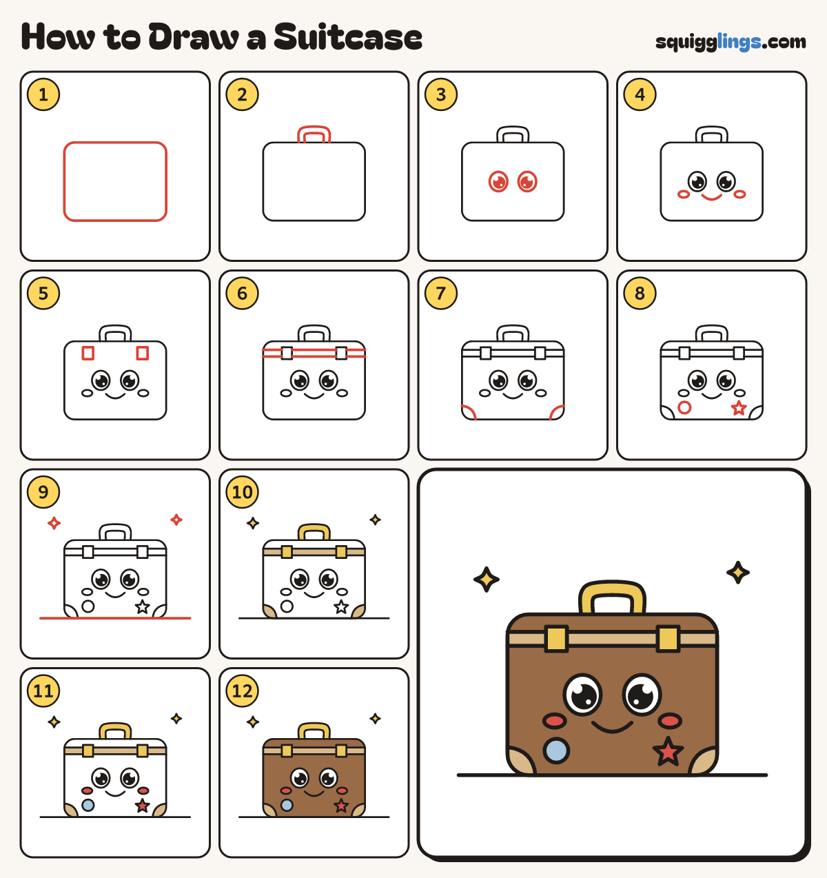 How to Draw a Suitcase step by step: all 12 steps in one picture