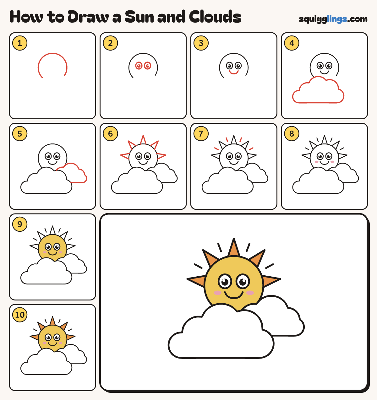 How to Draw a Sun and Clouds step by step: all 10 steps in one picture