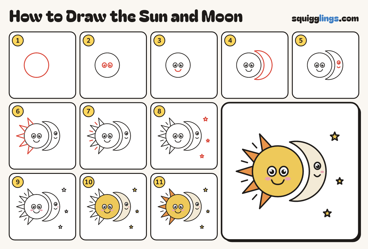 How to Draw the Sun and Moon step by step: all 11 steps in one picture