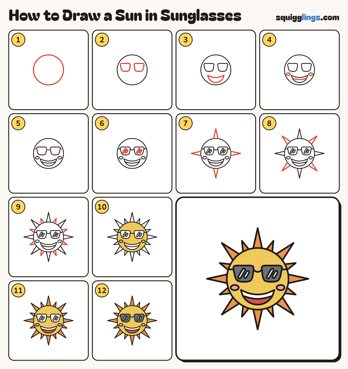 How to Draw a Sun in Sunglasses step by step: all 12 steps in one picture