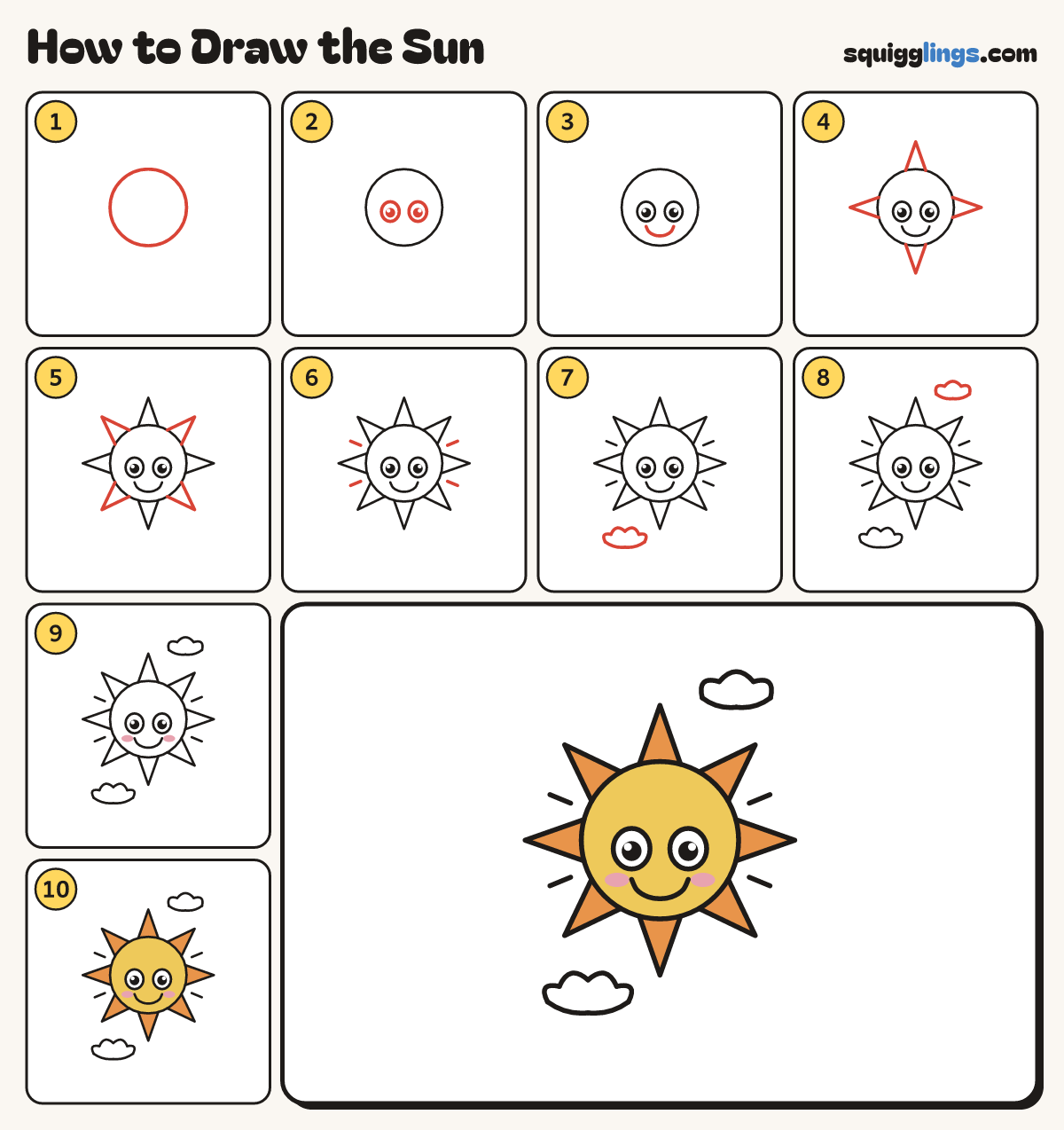 How to Draw the Sun step by step: all 10 steps in one picture