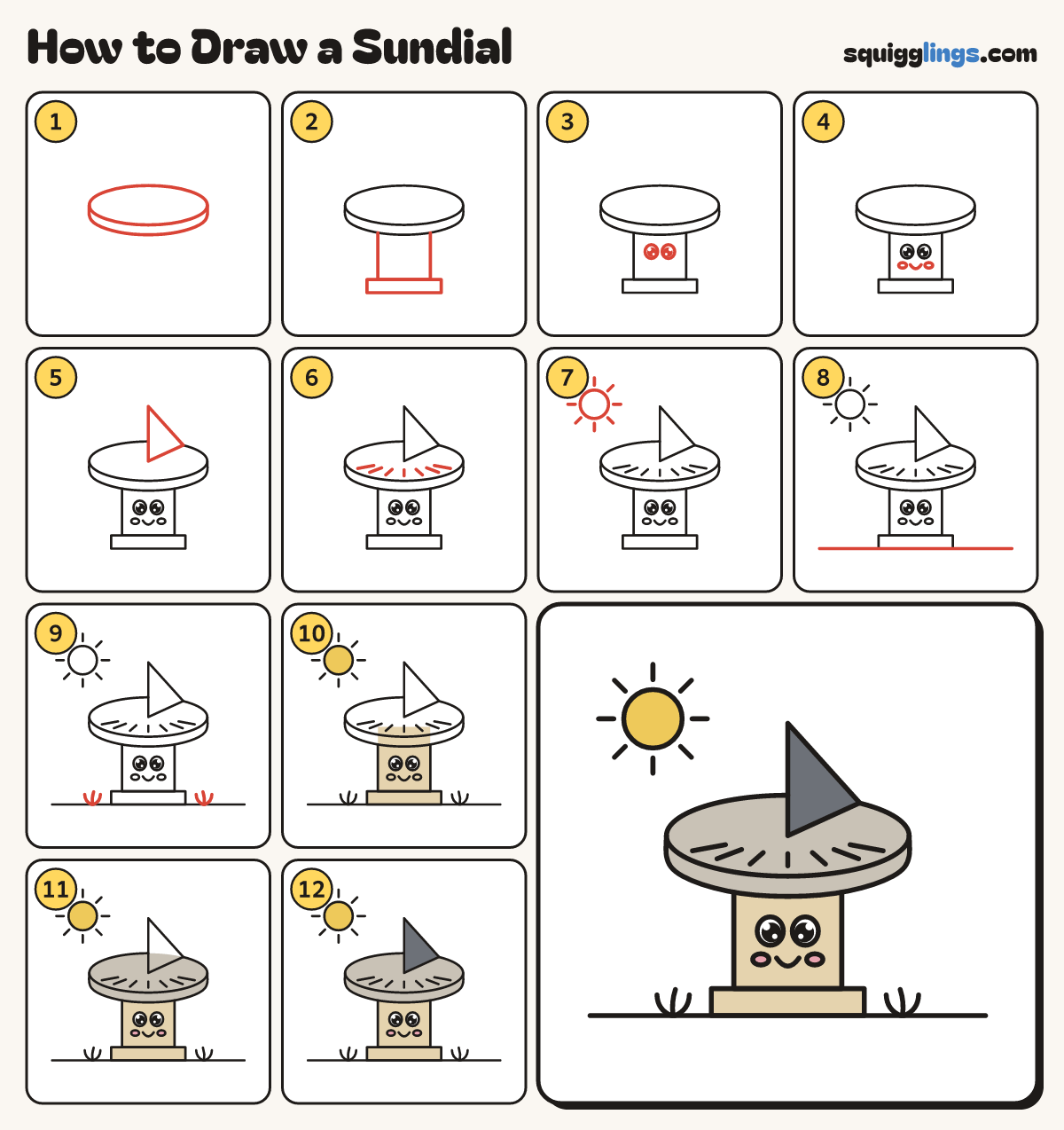 How to Draw a Sundial step by step: all 12 steps in one picture