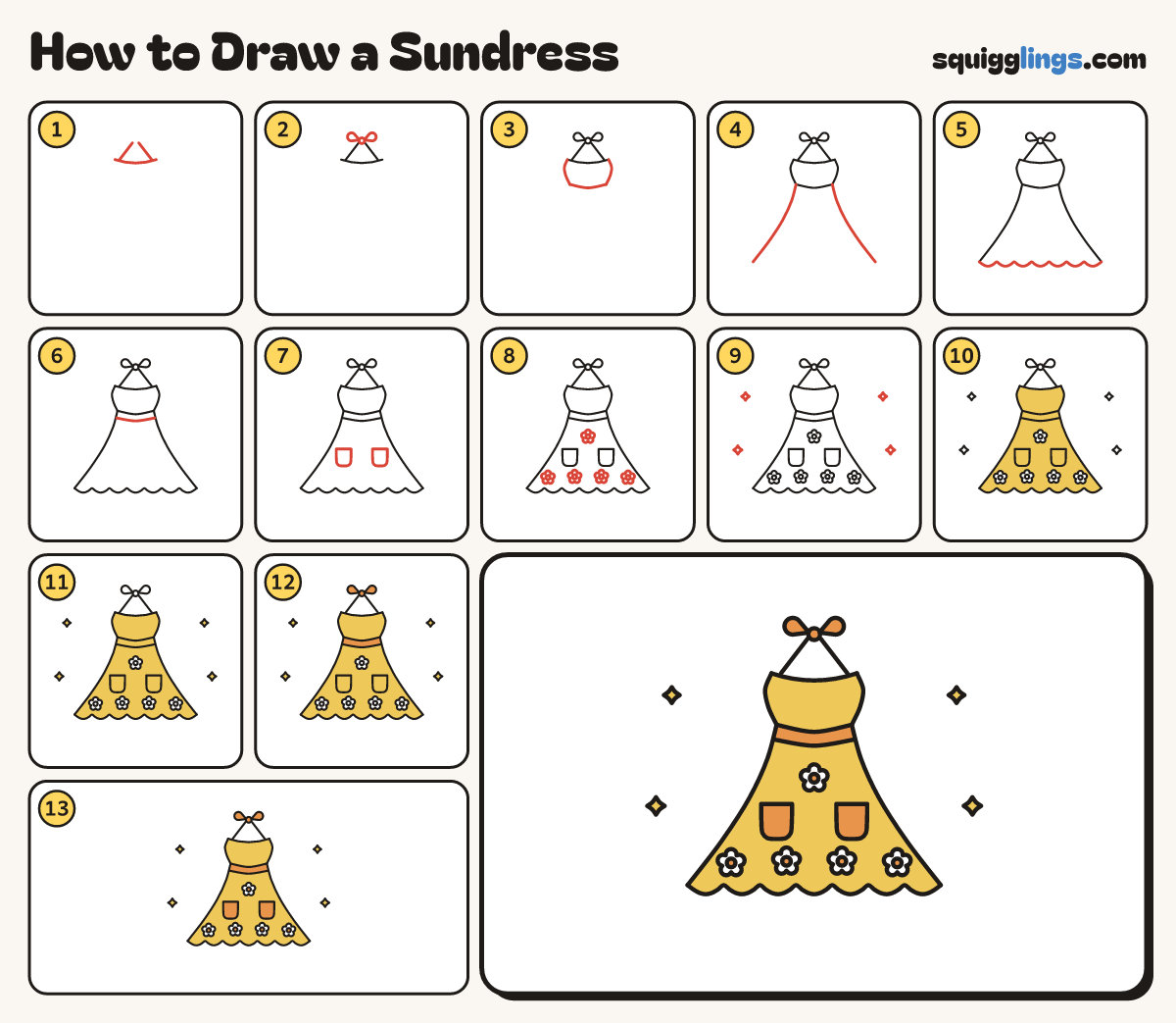 How to Draw a Sundress step by step: all 13 steps in one picture