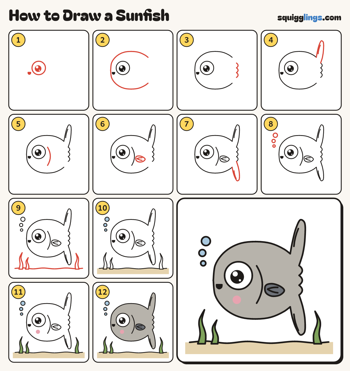 How to Draw a Sunfish step by step: all 12 steps in one picture