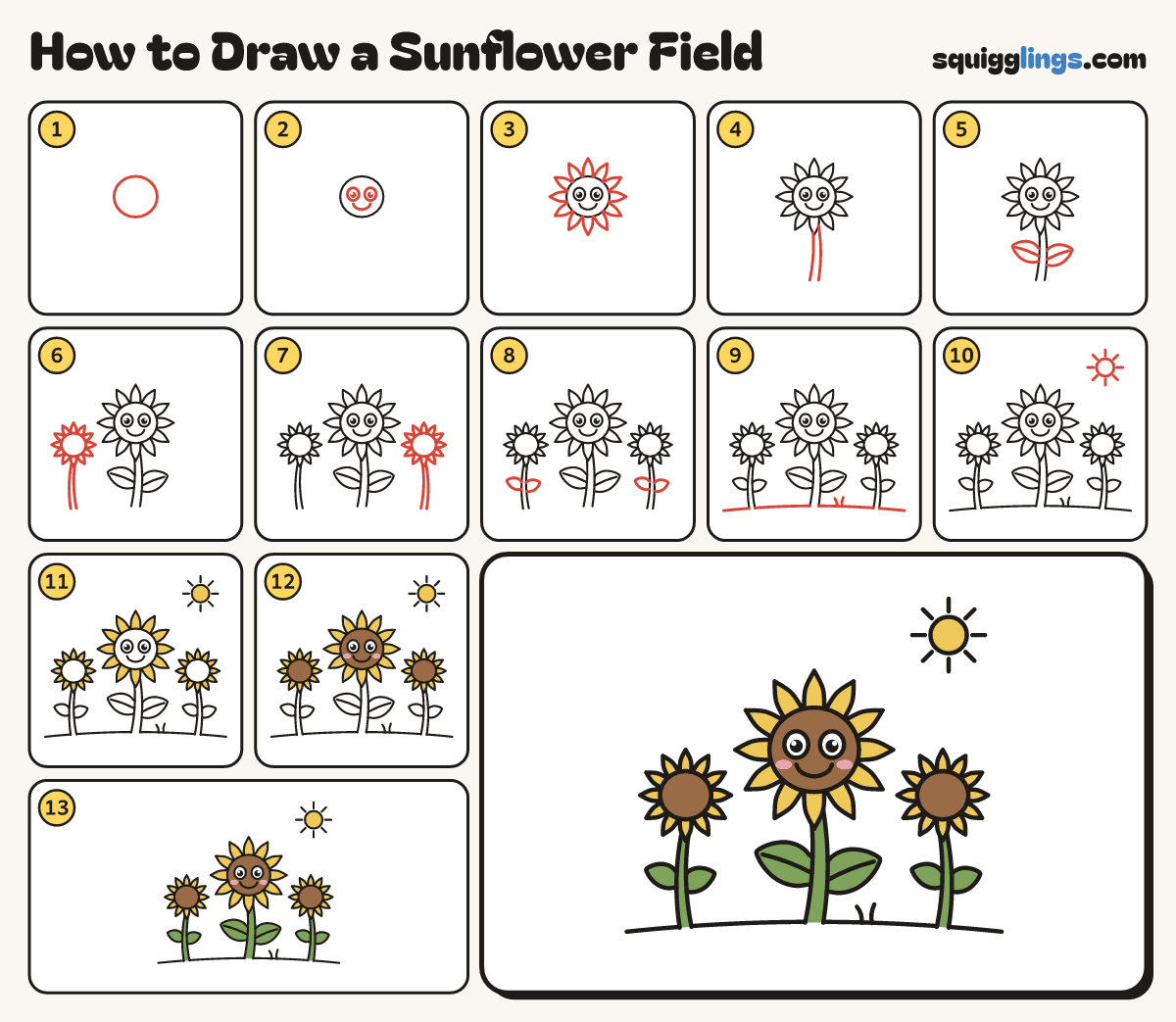 How to Draw a Sunflower Field step by step: all 13 steps in one picture