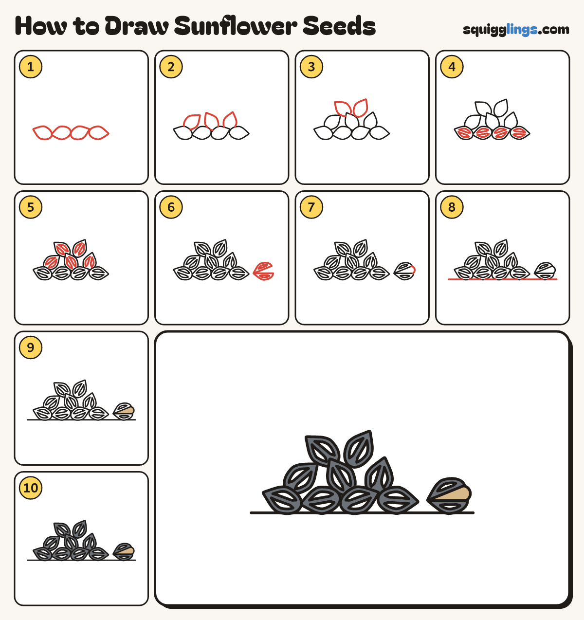 How to Draw Sunflower Seeds step by step: all 10 steps in one picture